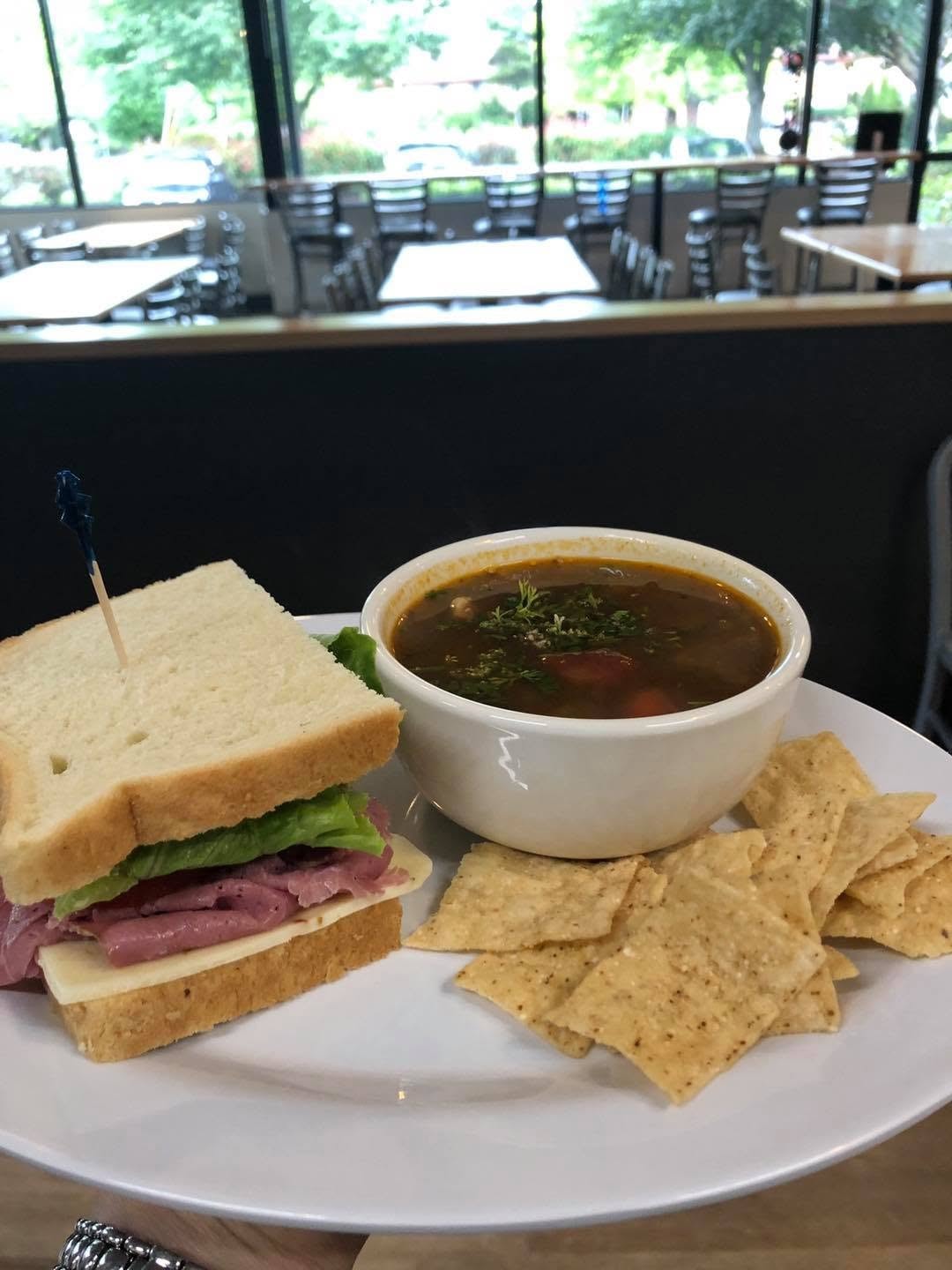 Homemade soup and sandwich lunch